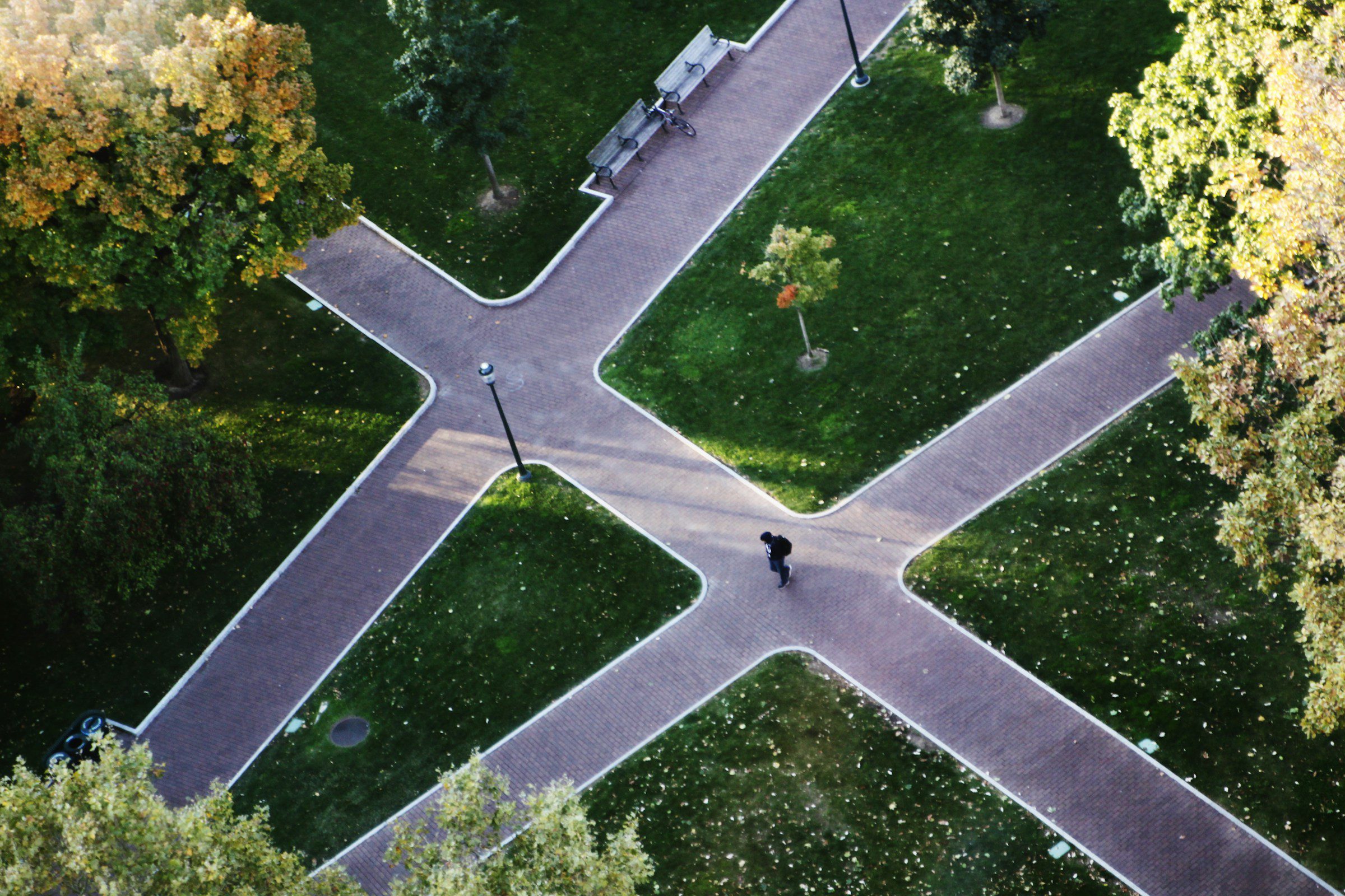 Aerial view of intersecting brick walkways cutting through green grass on the University of Philadelphia campus. A single student walks toward the left at the intersection of two of the walkways. The student is wearing a backpack, sneakers, and a black shirt with a white design on the front. It is early fall, and the leaves are slightly yellow. Fallen leaves litter the grass nearest the bottom of the photo. One walkway is lined by two park benches. They are empty, but a bike is parked between them.
